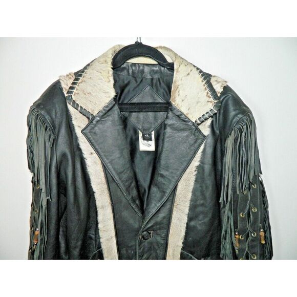 Vintage D. Frank Jacket Men Size‎ X-Large Black Leather White Fur Fringed Beaded - Picture 3 of 14